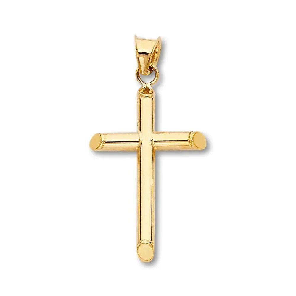 14K Gold Hollow Round Tube Cross Pendant | Solid Yellow Gold By Tehrani Jewelry
